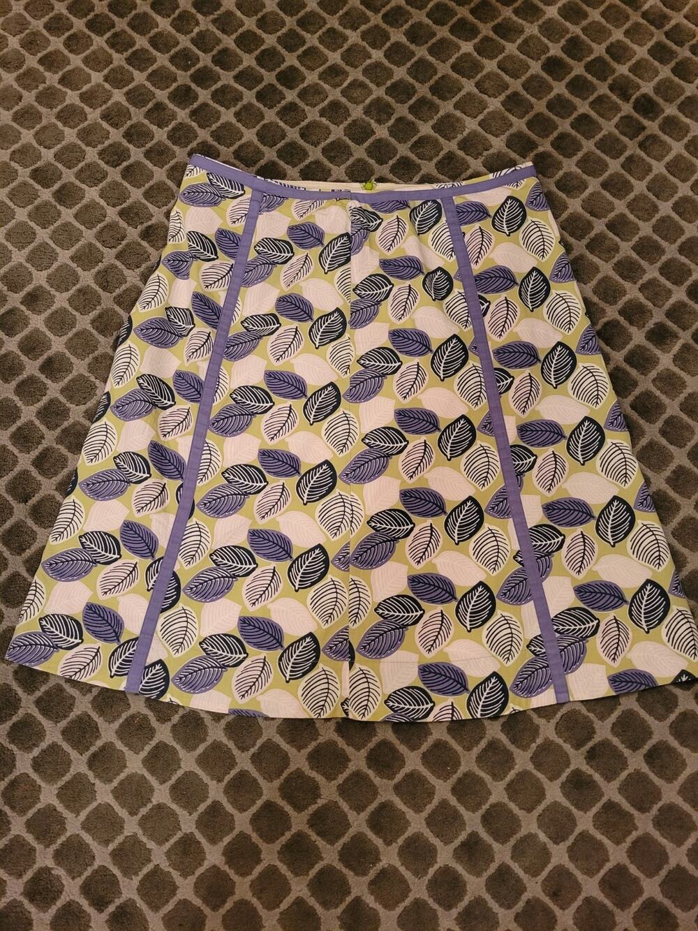 BODEN Leaf Print Skirt Knee Length Colorful Lined 100% Cotton Size US 12L